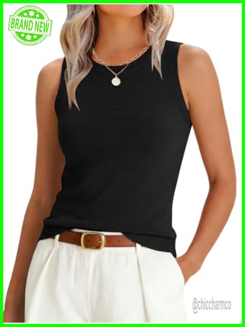 Wool Blend Sleeveless Sweater Tank Top Slim Fit Crew Neck Layering Women's